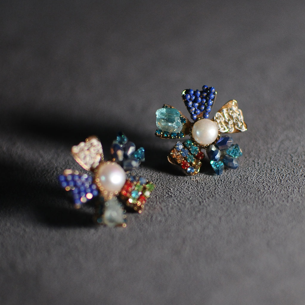 Blue Crystal & Pearl Flower Stud Earrings – Colorful Boho Statement Jewelry