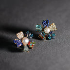 Blue Crystal & Pearl Flower Stud Earrings – Colorful Boho Statement Jewelry