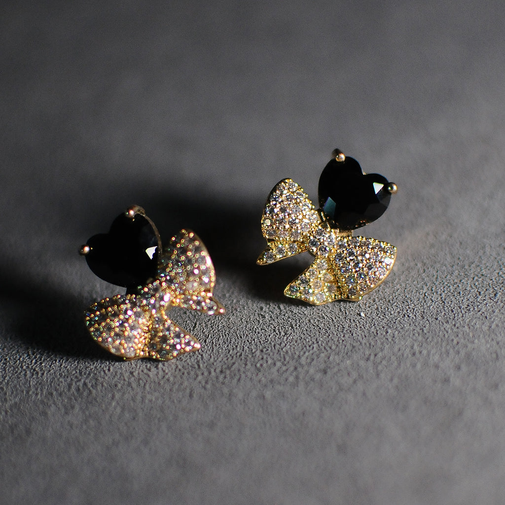 Gold-Tone Black Heart & Crystal Bow Stud Earrings