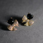 Gold-Tone Black Heart & Crystal Bow Stud Earrings