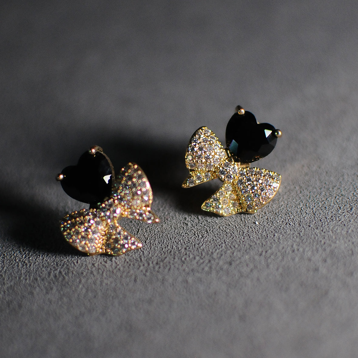 Gold-Tone Black Heart & Crystal Bow Stud Earrings