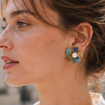 Blue Crystal & Pearl Flower Stud Earrings – Colorful Boho Statement Jewelry
