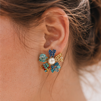Blue Crystal & Pearl Flower Stud Earrings – Colorful Boho Statement Jewelry
