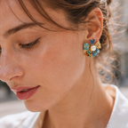 Blue Crystal & Pearl Flower Stud Earrings – Colorful Boho Statement Jewelry