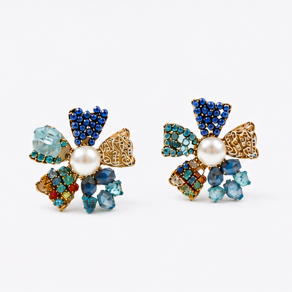 Blue Crystal & Pearl Flower Stud Earrings – Colorful Boho Statement Jewelry