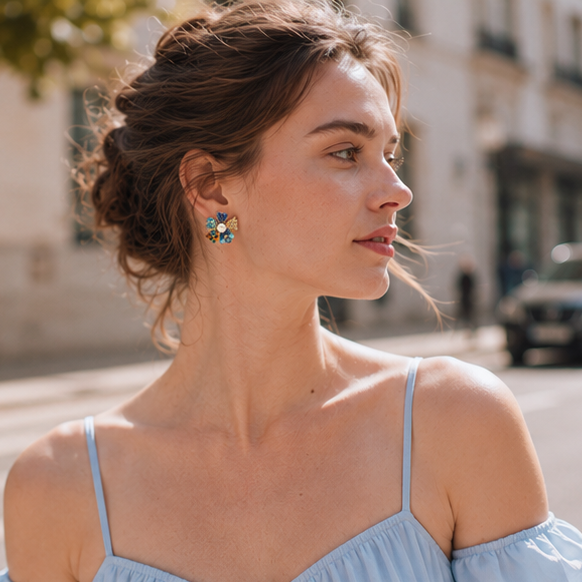 Blue Crystal & Pearl Flower Stud Earrings – Colorful Boho Statement Jewelry